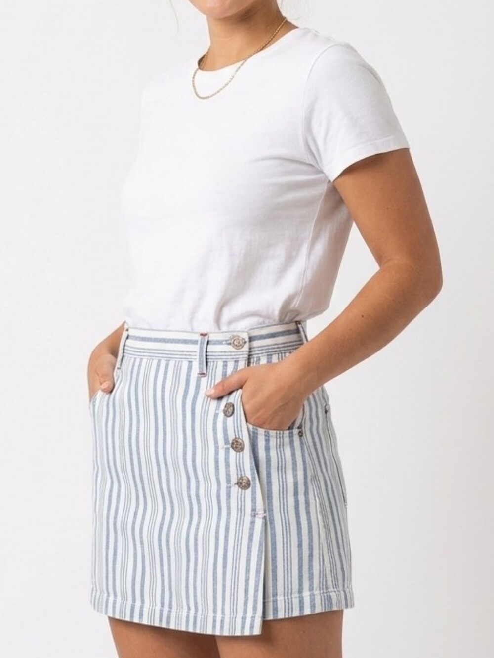Vtg 90s Arizona Striped Blue & White Cotton Button-Front Denim Mini Skorts 9
